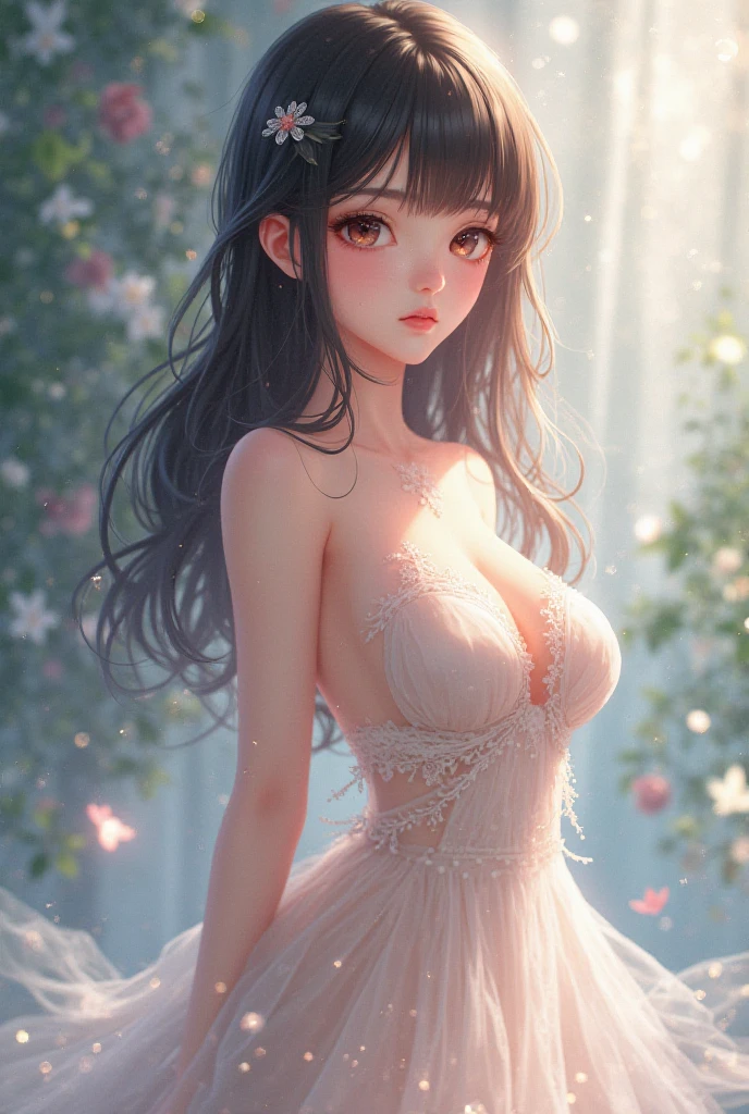 Create a anime style landscape image. 4K, UHD, masterpeice, 1 girl, skinny, good face, detailed eyes, detailed lips, very long hair, straight hair, very long hair, beautiful hair, hair ornaments, hairband, gradient hair, ((hot dress)), ((extremely sexy dress)), ((exposing breast)), sardine, ((revealing dress)), ((lace)), ((diamond bracelet)), ((pendant)), Pearl, ornaments, necklace, earring, high lighting, ((bare stomach)), ((in the wedding stage)), depth of field, ray tracing, ultra realistic detailed,