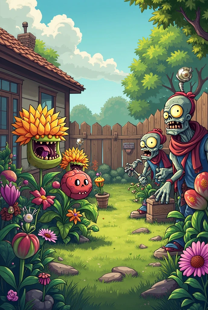 A screen shot showing a gaming video on the popular video-sharing platform,The game being played is a vivid fictional action-adventure game Plants vs. Zombies,背景是一个充满Various strange plants and zombies的详细幻想世界,Various strange plants and zombies,Pea shooter,((Potato Mine)),Cherry Bomb(Cherry Bomb), sunflower,Chomper,(Gatling Pea),(Flag zombies),Plants vs. Zombies game screen image,Strategy tower defense game,Colorful plants and zombies,Vivid colors,Bright and cheerful mood,Cartoon Style,Detailed background,Immersive game scene,Wide landscape perspective,Playful and whimsical design