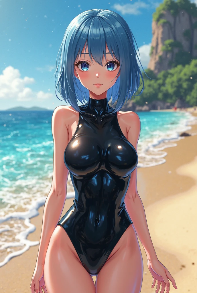 masterpiece, best quality, ultra detailed,rem,re zero, 1girl, (20 years old),smiling, blue hair, blue and yellow eyes,short hair,wetsuits ,latex, shiny, (masterpiece), (best quality), (ultra detailed), more_details:-1, more_details:0, more_details:0.5, more_details:1, more_details:1.5, tan, dark skin, OuterWorldAI, glowify,sea,beach, beautiful background, beautiful girl, 