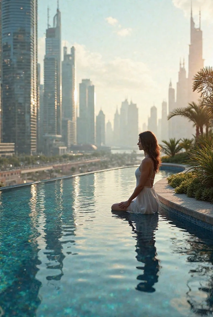 Generate a realistic image of a 25-year-old woman resembling Ayeza Khan, with fair skin, hazel eyes, and dimples. She is sitting on a swing in a park in Dubai. The park should feature lush greenery and modern, well-maintained surroundings, with the iconic Dubai skyline or landmarks visible in the background."