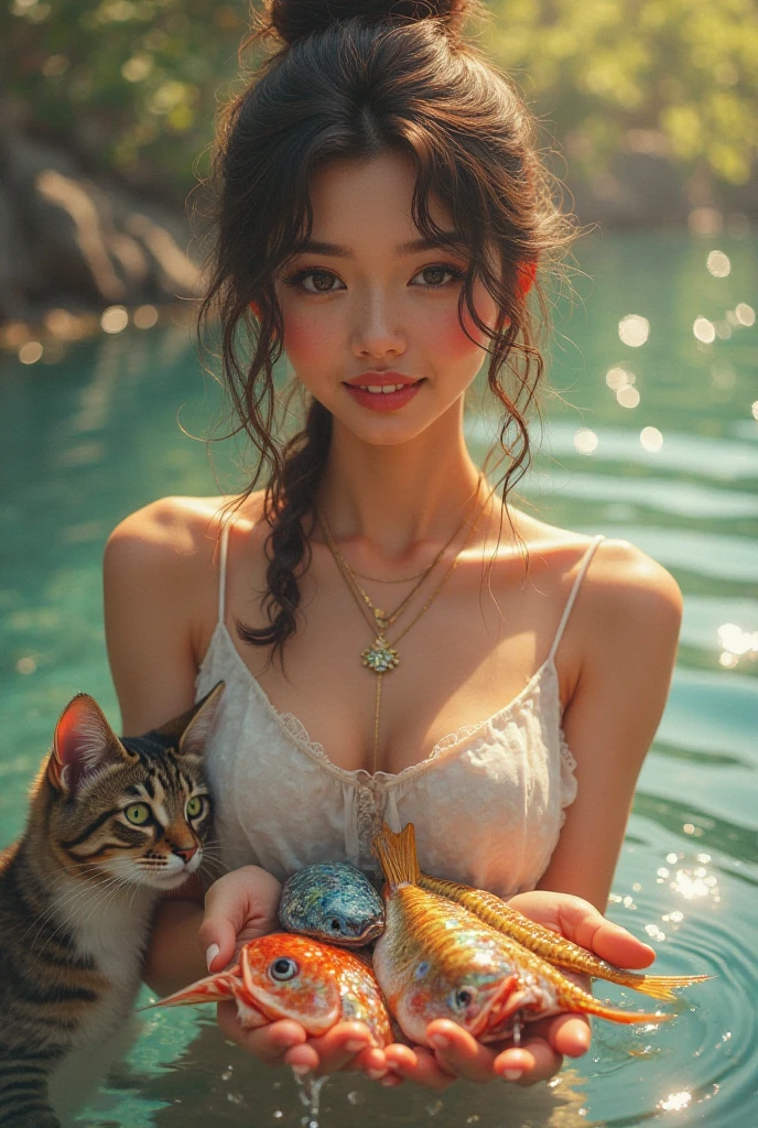 a background of a frajola kitten with just one black ear and the rest white and a cross-eyed cat with blue eyes swimming in a pool