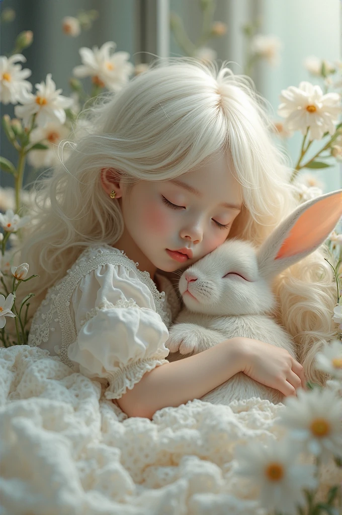 a male with jeong yunho face claim, soft and cute features, doe eyes, round pink lips, pale skin, feminine features, detailed features, laying on a bed, dressed in pink coquette clothes and a pink bow on his hair, while petting a cute fluffy and white bunny