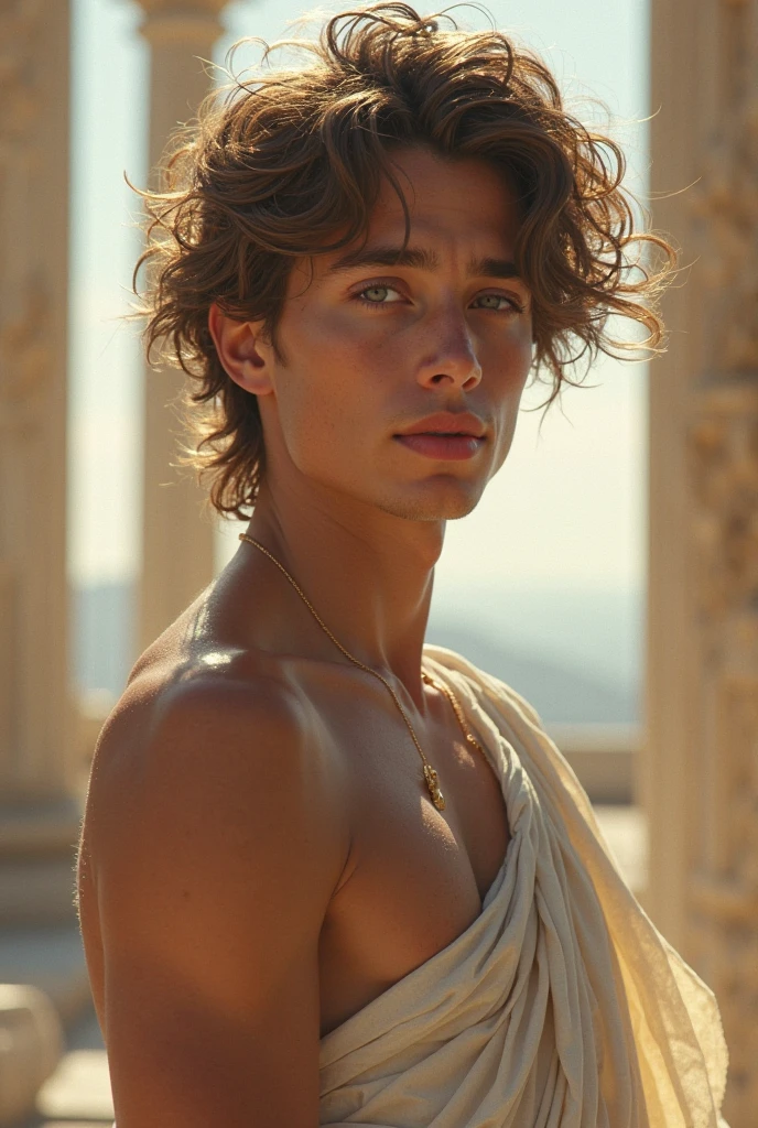 Masterpiece, an insanely handsome muscular young east european hot man, curly hair, oiled wet sweaty body, wearing in robes of an ancient greek god, standing in the street of an ancient greek in a warrior's pose, masculine, tall, strong, teen, ancient greek background, well endowed, (high detail:1 1), rough face, ultra high quality, beautiful eyes, (detailed face and eyes), (face: 1 2), noise, extra, real photo, PSD, lamp film photography, sharp focus, contrast lighting, high resolution 8k, crazy detail, realistic, professional photography, 8k UHD, SLR camera, soft lighting, high quality, film grain, Fujifilm XT3