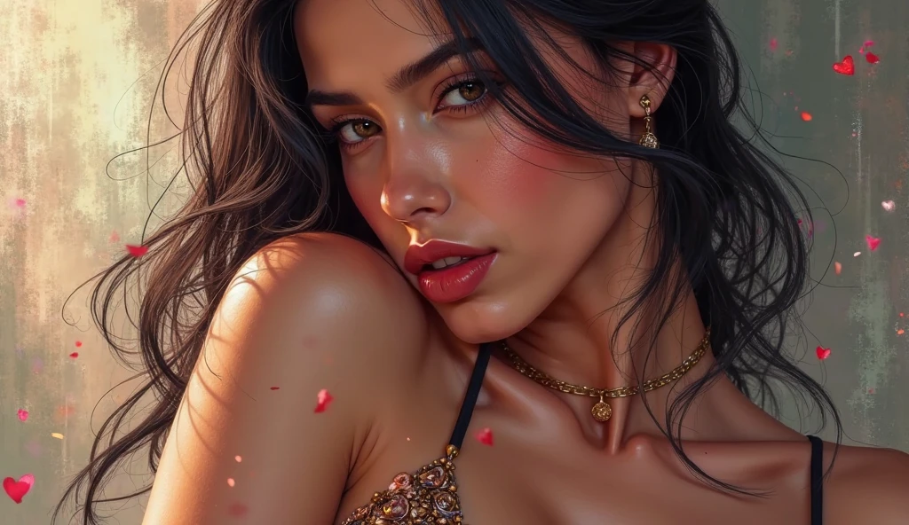 Amazing portrait of a woman who is 30 years old and an adult and a cute woman with her black hair in two medium ponytails having sexy eyes in an intense eye contact and a small nose with red lips having an orgasmic face showcasing her neck and collarbone in a loose dark pink t shirt emphasizing her bare shoulder as she's lying on bed with her head on pillow facing up in her bedroom which is a dark room with one lamp during night time with soft lighting showcasing her red lips and her beautiful face in detail and close up
