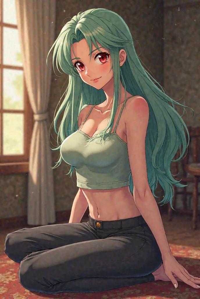 (masterpiece:1.2, Top quality),, Nice illustration, (Natural side light, light),
Looking at the audience, 1 girl, Green Hair,Cleavage,Low-cut,Red Shirt,Denim shorts