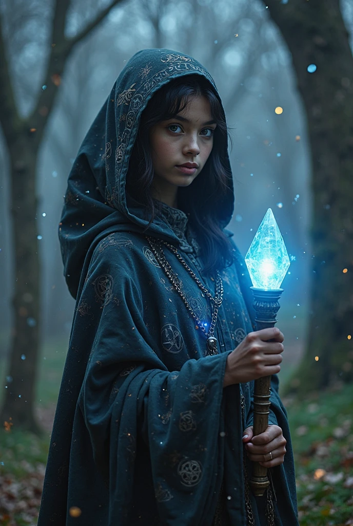 A realistically shaped 13 year old girl with black hair, with blue eyes and a magical aura around him, could be holding a staff, symbolizing your connection to magic. She could have a flowing cloak or cape, reinforcing her role as a daughter of Hecate.