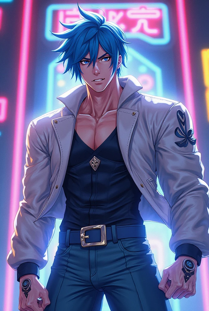 highest quality, 8K, high resolution image, anime style Jujutsu Kaisen, (Grimmjow Jaegerjaquez | Bleach), swordmaster, detailed strokes, bored look , blurred, purple light reflecting from it, 1 man, young, male, model, hand in pocket, cool guy, multicolored Background with various geometric shapes, around stickers, muscular, blue hair, blue eyes, blue hair, hair between eyes, highlighted hair ,swollen chest, black Jacket, sweatpants, Background: big City, he's in a sports station, there are sports fans everywhere,