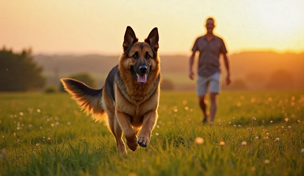 A grown and healthy German Shepherd running freely through a vast green meadow, ears flapping, tail wagging. The man stands in the distance, smiling as he watches. The sun is setting, casting a golden glow on the scene.