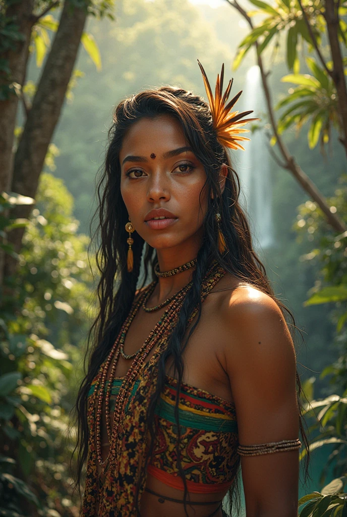 beautiful gorgeous glorious chubby bollywood actress, standing in jungle, in attractive tribal outfit, pretty face, beautiful glorious face, very fine face details, necklace, tribal princesa crown, bright eyes, brown lipstick, thin nose, burgundy long wel arranged hair, nice legs, thick thigh,hourglass figure, perfect body, 4K details, ultra high resolution, skin fine details,