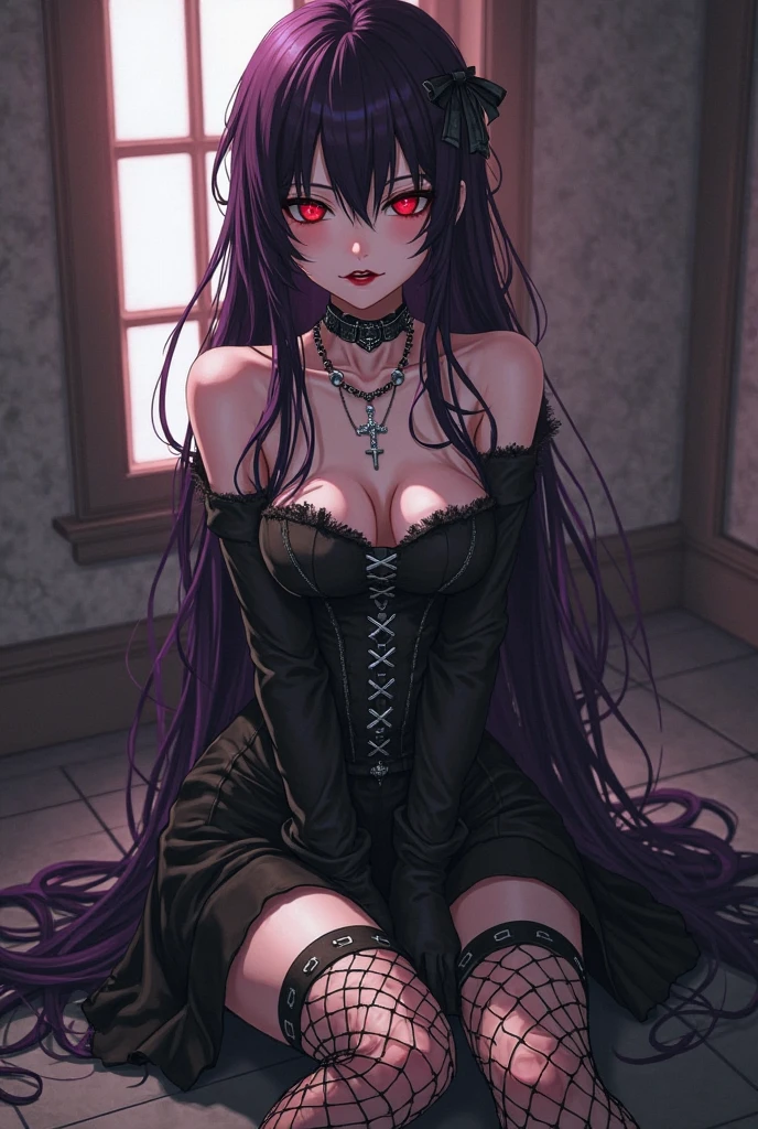 masterpiece, highly detailed, highest quality, high resolution, (1 girl), plain oversized T-shirt, ankle length socks, inky black violet hair, sharp facial features, arrogant and disdainful expression, high-bridged nose, medium height(175cm) slender and slim hourglass body, velvet-colored eyes)dark crimson with a mix of purple)
