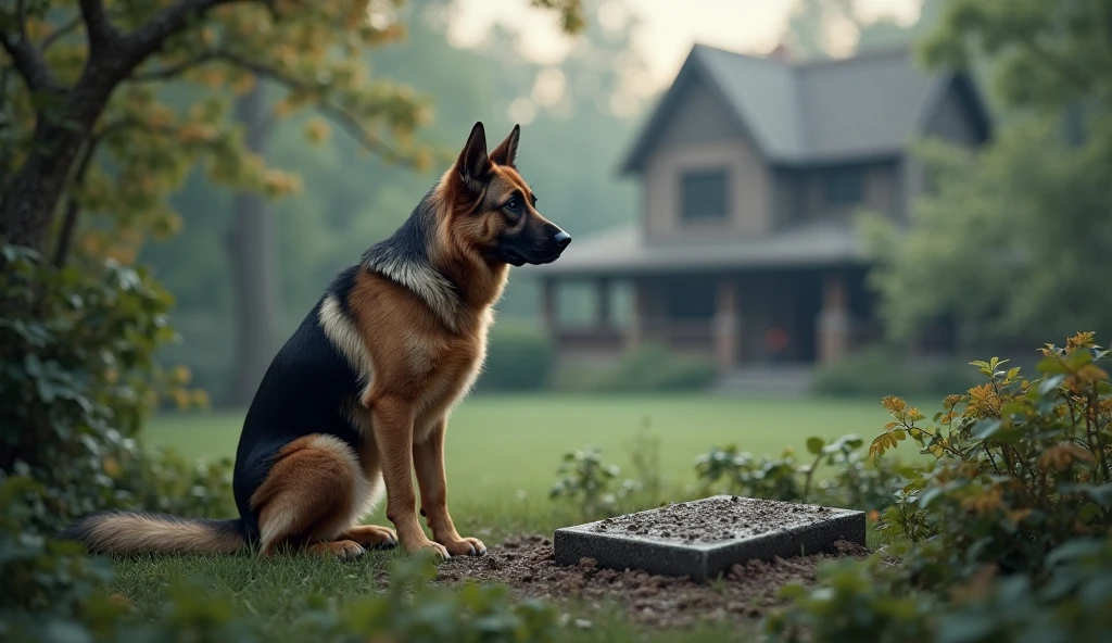 German Shepherd Dog, above the grave, with a sad face