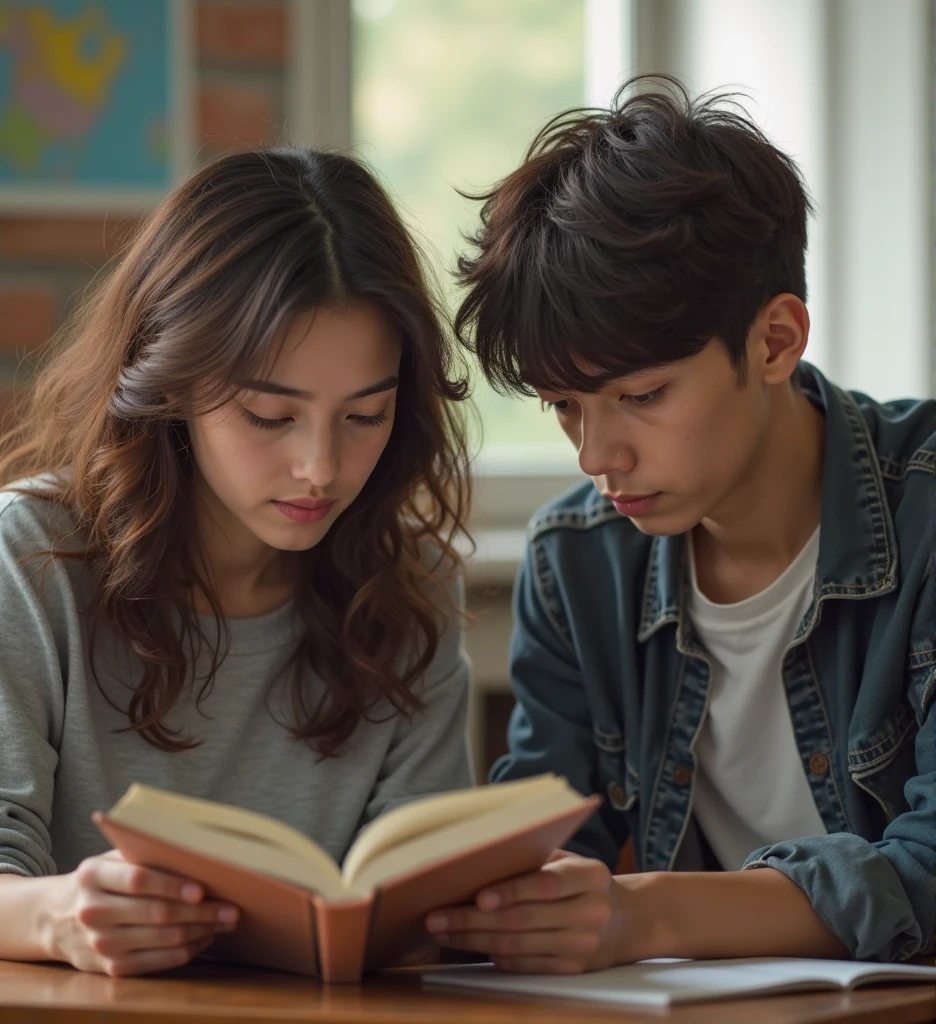 girl in , beautiful detailed face, slightly smiling, sitting with man, reading books together in library at night, intricate details, photorealistic, cinematic lighting, warm color tones, highly detailed