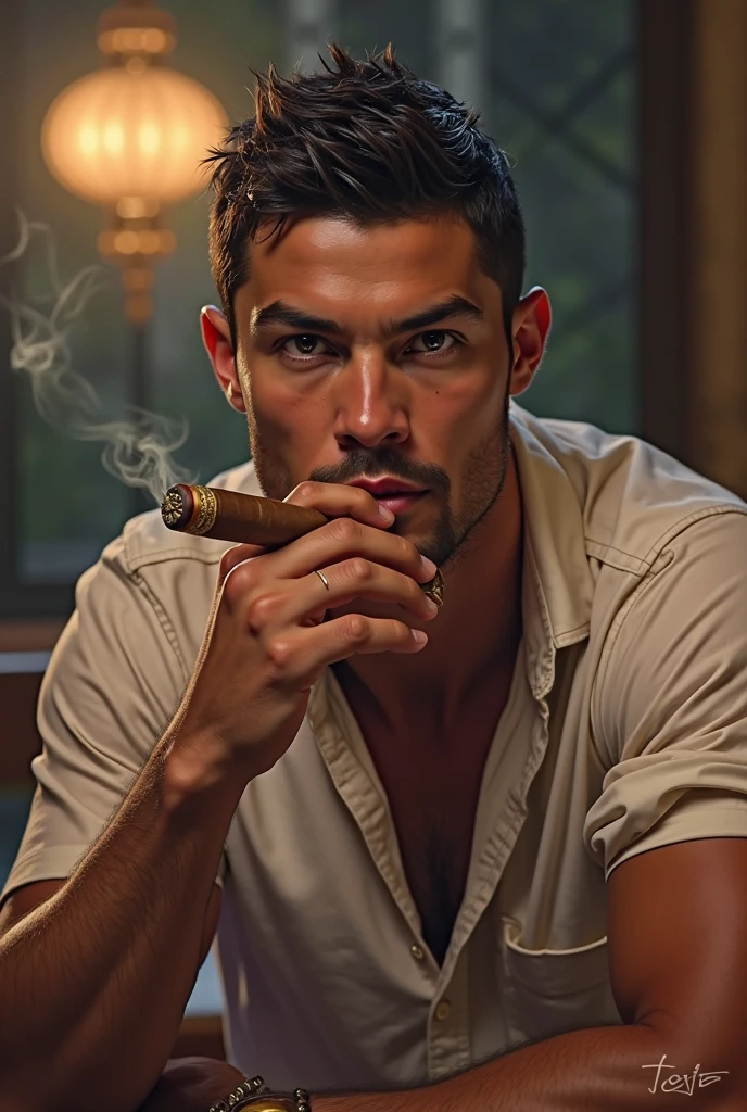 creating dynamic poses and long angle shots, a man sitting relaxed in an armchair in a dark room at night with his eyes closed holding a cigarette, Yaman pode, 20 year, long brown hair with bun, strong square chin, defined chin, thin moustache, strong muscular physique, he's naked, Kale, in a dark room at night
