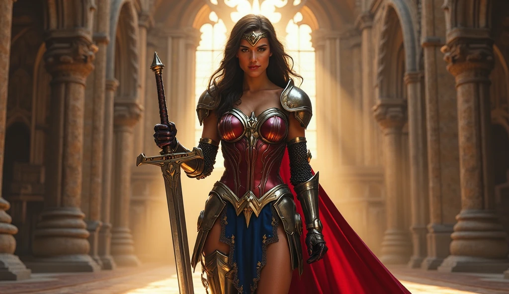 a hyper realistic, 25 Year Old Detailed Mature Woman, cheveux noirs, Long Wavy Hair , red lips, lunettes, Costume Lady Thor, Hammer in Hand, Valkyrie, Sur le champ de bataille, beaux seins, taille mince, chiffre de sablier, collants noirs , beau, absolument magnifique, Looking at the camera in a seductive way,
