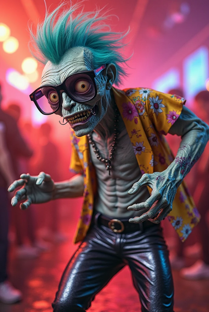 best quality, masterpiece, 3d, Pixar Artwork, Electronic variants, (Cartoon zombie with big glasses in the factory:1.5)，in a dynamic dancing pose within a colorful virtual reality world teeming with neon lights and vibrant holograms, The scene bears the influences of both pop art and graffiti, a truly cyberpunk-inspired ensemble with explosive energy, created using digital painting methods and radiant, glowing effects