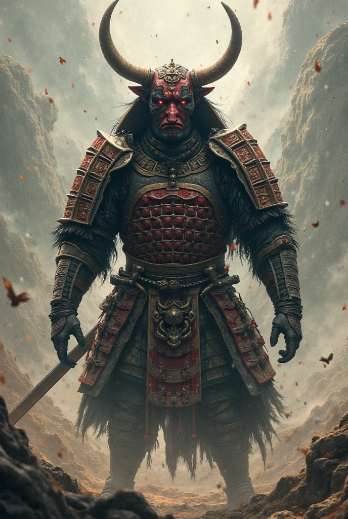 Biopunk samurai wearing demon oni mask, full samurai armor, head down, in village, full body shot, epic realistic, (hdr:1.4), (muted colors:1.4), (intricate details, hyperdetailed:1.2), dramatic , heavy rain, sunset, dark clouds
