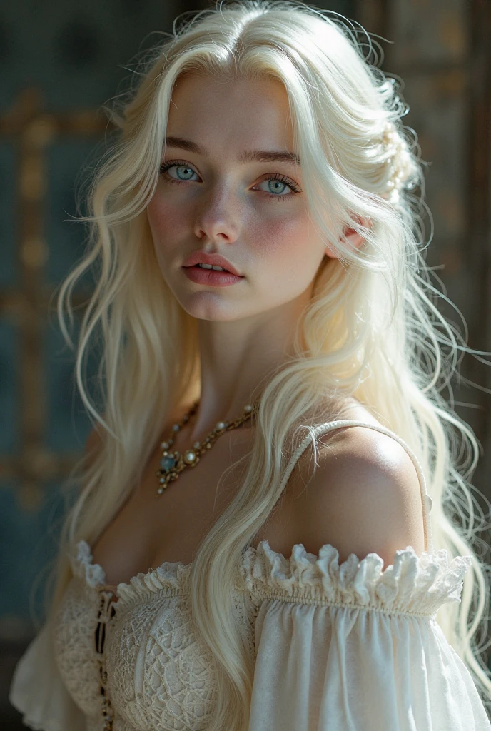 Close up. A beautiful woman of House Targaryen, pale skin, fine feature, sharp gaze, long hair, white haired, messy braid, show forehead, pearl necklace, Westeros fashion style, tied top, corset, long sleeves, Westeros clothes. Outdoors, Gothic castle behind, gothic architecture. ((Masterpiece, Best Quality, Highest Image Quality, High Resolution, Photorealism, RAW Photos, 8k)),