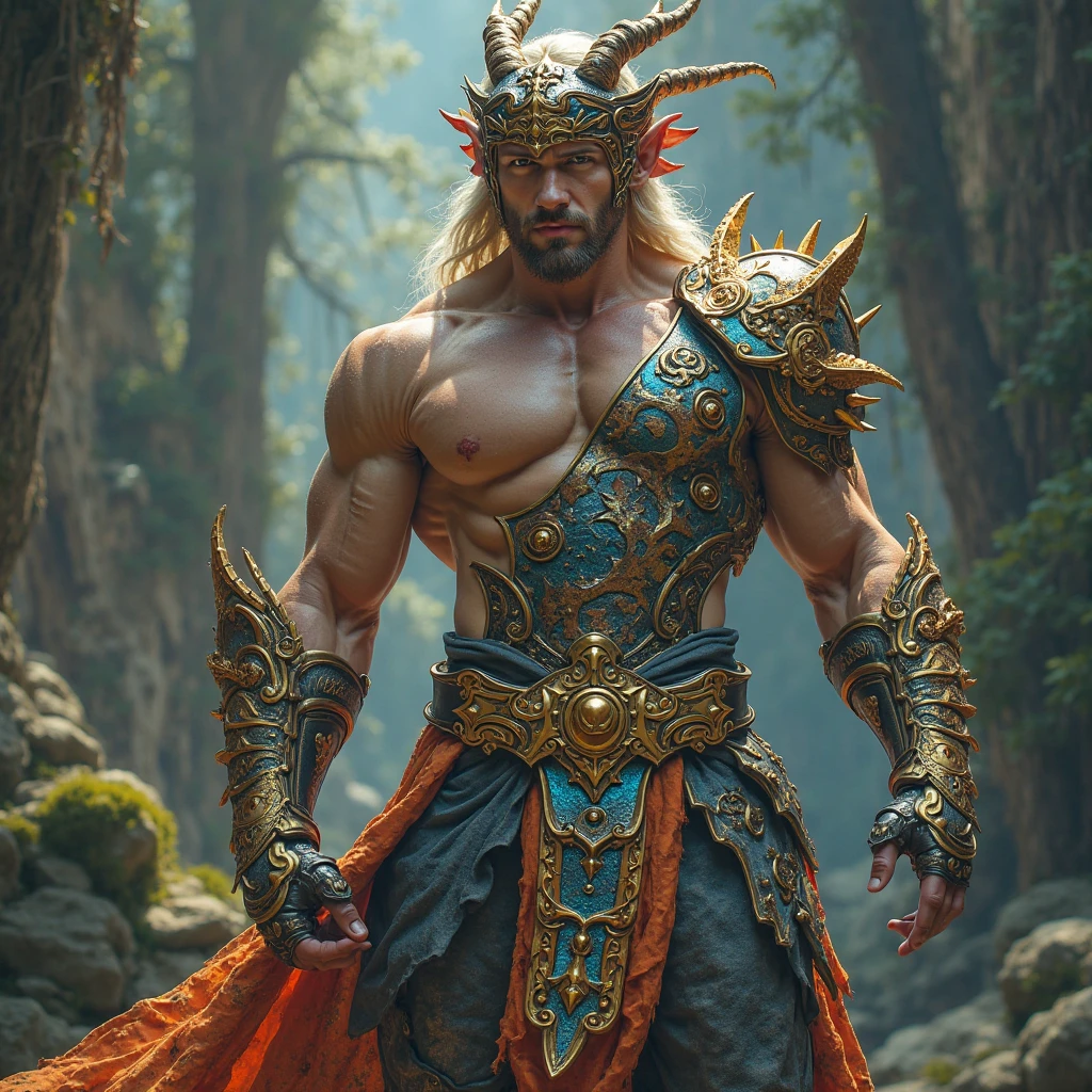 (1 white elephant-humanoid male:1.5), solo, wearing gambeson, ((rune tattoos)), tribal bodypaint, ((Face tribal-tattoos)), fullbody-image, attacking viewer with fists, detailed elephant cleric man, long beefy carved fangs, strong body, (smirk:1.1), (nose blush:1.1), (big yellow eyes:1.1), (hvid pels:1.1), beautiful detailed face, messy hair, cinematic lighting, shot on canon 5d, Greg Rutkowski, Yoji Shinkawa:0.6,