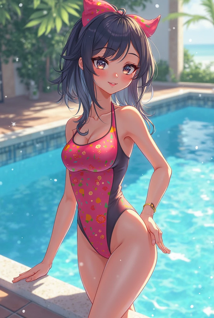An anime girl in a swimsuit sitting on the edge of a pool (close to the camera)