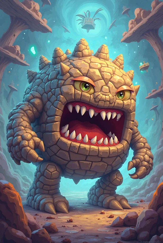 a cute cartoon monster with sharp teeth, looking directly at the viewer, set against a colorful and dramatic border, highly detailed and photorealistic, vivid colors, dynamic lighting, intricate details, cinematic composition