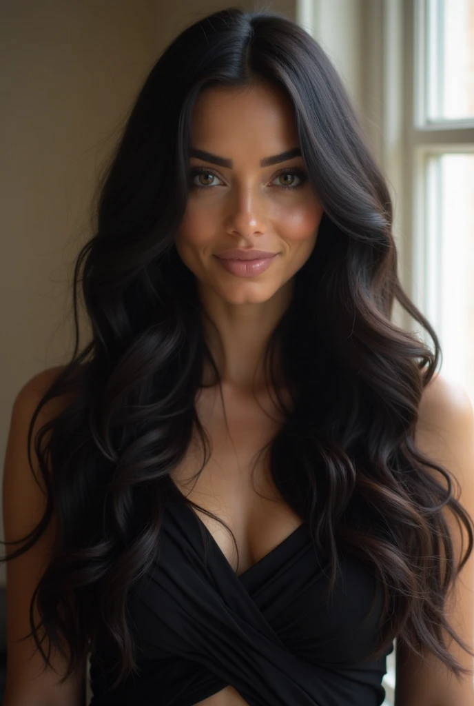 RAW photo, face portrait photo of beautiful 26 y.o woman, cute face, hair transitions from a deep, dark shade of black at the roots to a slightly brighter shade of dark green towards the tips, wearing black dress, happy face, hard shadows, cinematic shot, dramatic lighting, Maintain a medium distance, capturing the subject from waist-up