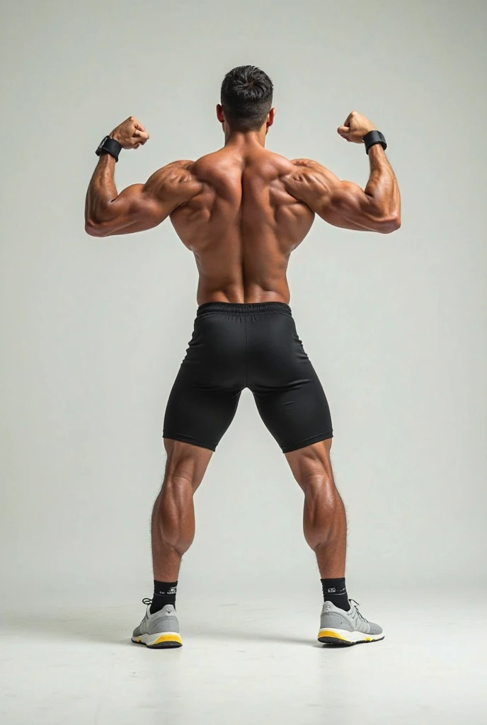 Maki Zenin, a woman in black shorts and no shirt standing in a room, in Total growth behind, Total growth behind, sports physique, Pose de costas, coxas musculosas, long shot from behind, attractive sports physique, tiro longo pelas costas, corpo perfeito e proporcional, slim, muscular build, from behind, Modelo feminino