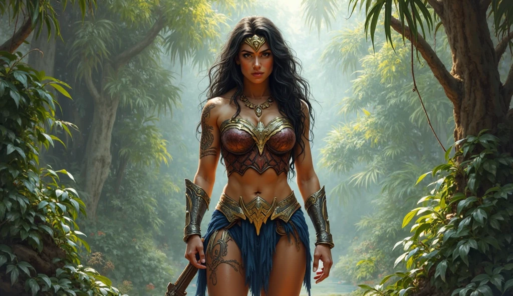 (masterpiece, top quality, best quality, official art, beautiful and aesthetic:1.2), (1girl:1.3), dark brown hair pulled back, in an untidy mane, braids, extremely detailed, portrait, looking at viewer, solo, (full body:0.6), detailed background, close up, sweaty, sweating, ((facepaint, tribal tattoos)), (warm summer desert theme:1.1), busty human Aztec war queen, elegant face, long face, charlatan, smirk, mysterious, walking in jungle, revealing Aztec attire, ornate jade Aztec armor, feathers in hair, feathered armor, bare midriff, brown leather, fur lined clothes, long boots, buckles, straps, pouches, maquahuitl and shield, tan fabric, brown leather, gigantic breasts, skindentation, cleavage, muscular, strong, slim waist, slim hips, long legs, muscular legs, medieval (jungle exterior:1.1) background, dark mysterious lighting, shadows, magical atmosphere, dutch angle, (((Balsamique)))