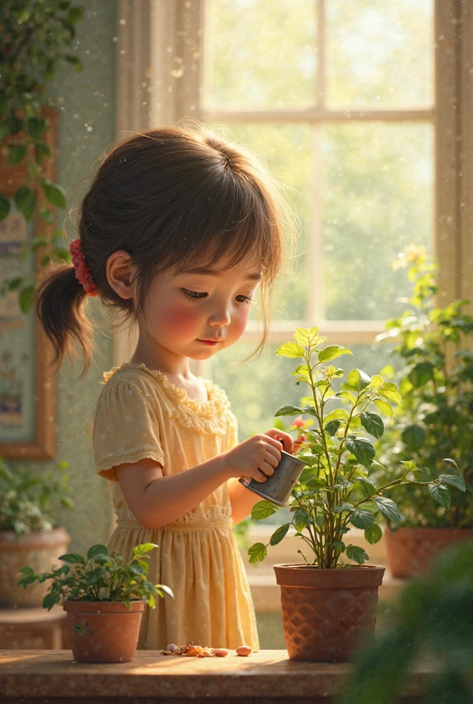 Vague and draft-like depiction, rough, detailed watercolor, soft and fantastic, pastel, fluffy, Renoir, Girl watering flower bed at home, morning sun pouring down from the sky, distant mountains shining in the morning sun