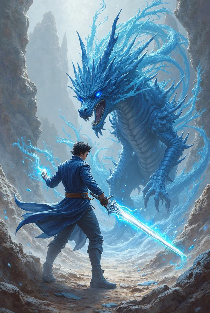 Make a boy with a blue fire sword cutting a dragon 