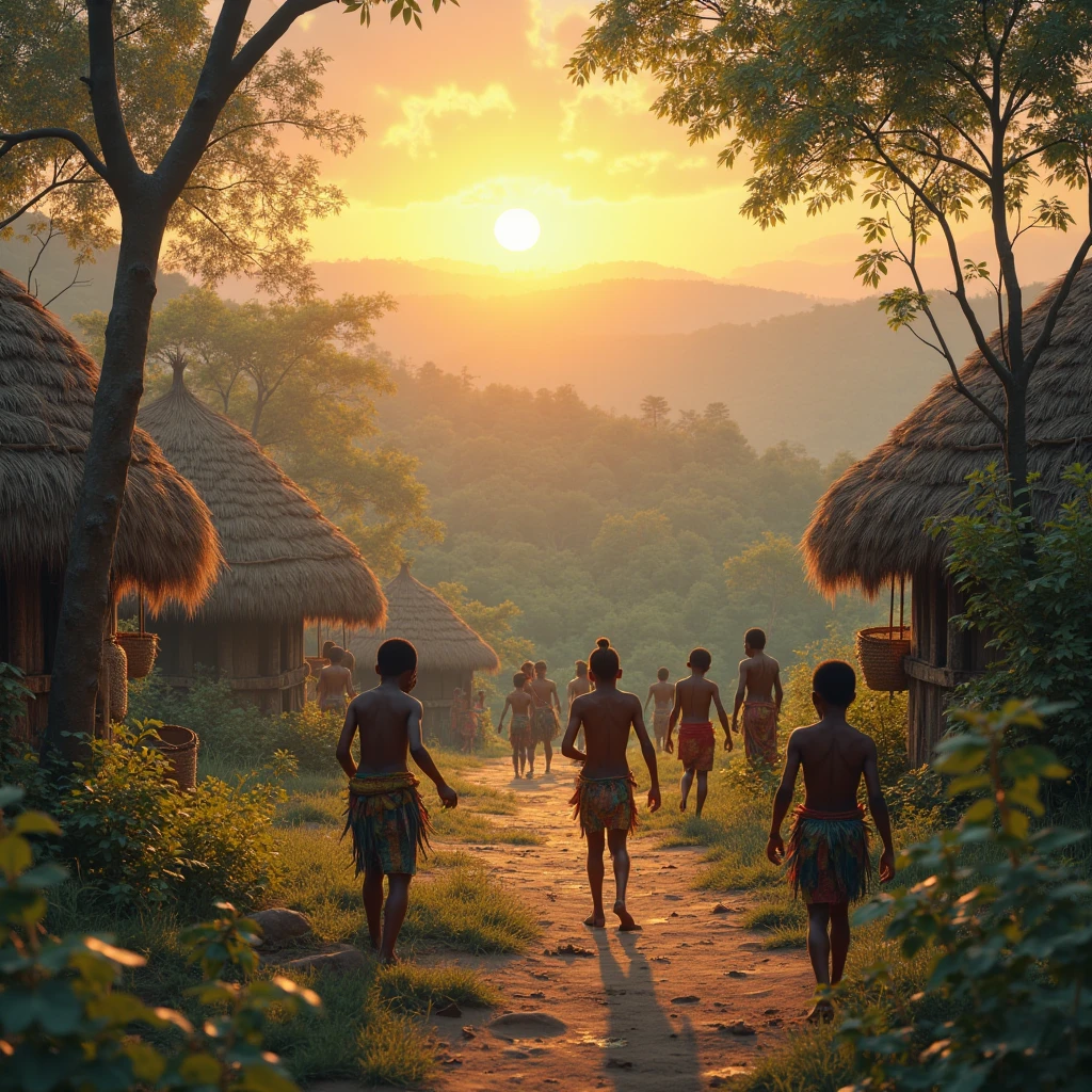 Photorealism 1.3 realistic realism high detailed high definition clear natives kids curly hairplay around hide and seek in the jungle covered wearing tree skin as a shirt with leaf dramatic cinematography cinematic view morning mode sunlight silhouette smoke effect bamboo hut leaf roof campfire smoke only aborigines villages small river chasing tiger cub