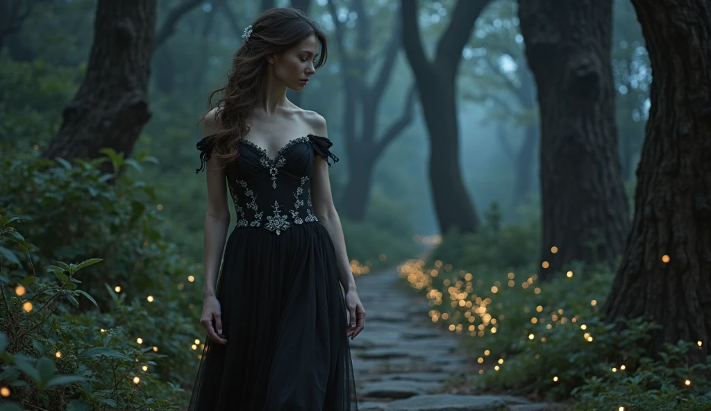 "A mysterious and elegant lady stands gracefully under the soft moonlight, her captivating eyes looking directly at the viewer with a confident gaze. Her long, flowing hair cascades down her shoulders, shimmering like silk. She has strikingly beautiful features, with a subtle smile that hints at hidden secrets. Her sophisticated gown, made of delicate, shimmering fabric, flows gently in the evening breeze. She stands amidst a misty forest, with shadows and light creating an aura of mystery around her. The atmosphere is enchanting, with a soft glow illuminating her timeles
