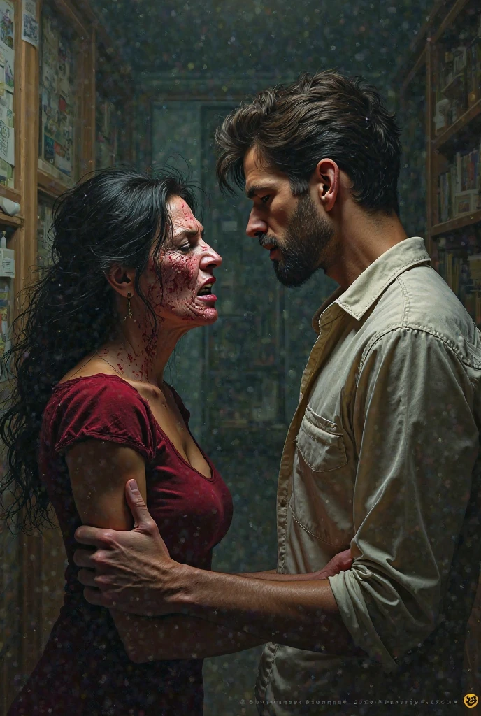 Man with blood on his clothes and woman sitting in front of him