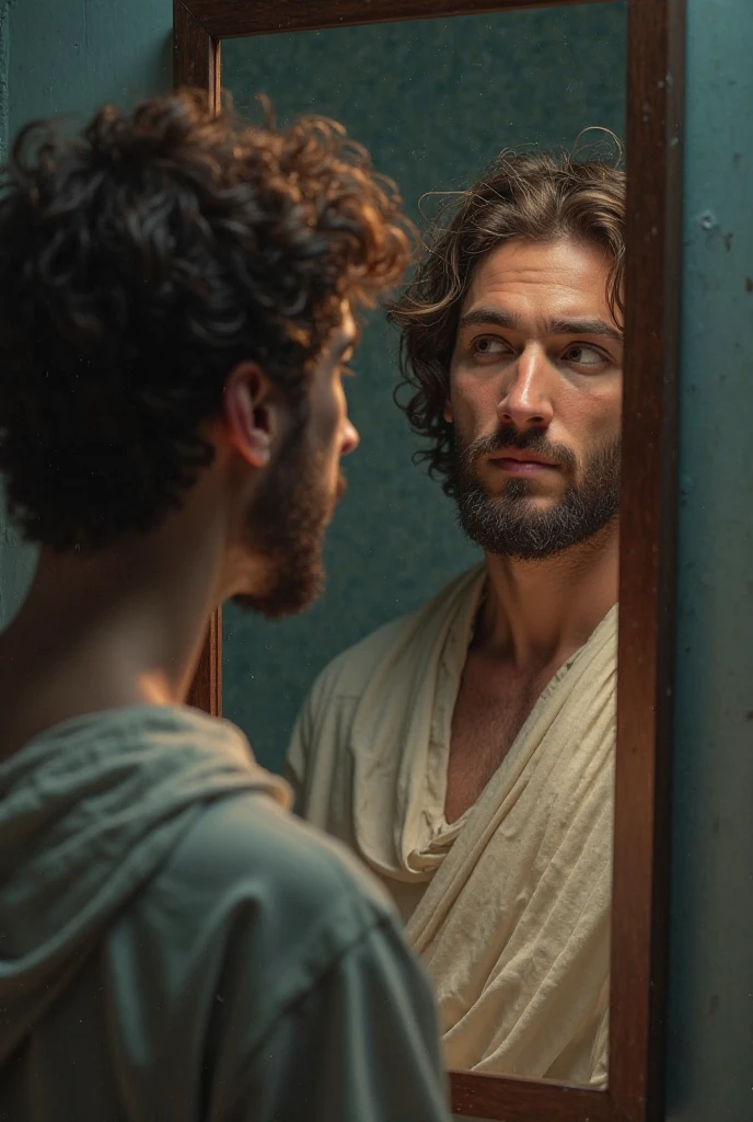 ‘ A male stoic philosopher with a well-proportioned and attractive physique, not excessively muscular. He is wearing classic tunics, slightly transparent, that gently drape over his body, subtly revealing parts of his shoulder, with a very short and well-groomed beard, and wavy, well-stylized hair. He stands before a large mirror, his expression resolute as he confronts his own reflection, symbolizing the act of facing the truth. The scene is set in a vibrant, impressionist landscape with rich colors and dynamic brushstrokes, creating a sense of movement and emotion. The background has a subtle texture that adds depth but complements the text without overpowering it.”