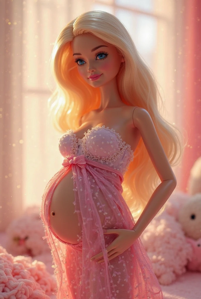 Woman((20year old)), hair((long, wavy, blonde)), eyes((blue)), clothes((white shirts, pink skirt)), diamond necklace, bracelet, earrings, hair clip, gigantic , large breast, (huge pregnant), smiling, korean make-up look, office,