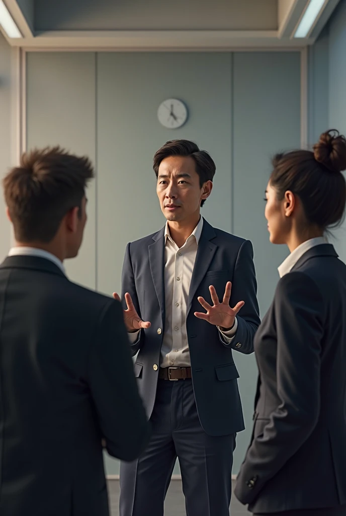 people in a business meeting, Asian, a man presenting, window, office