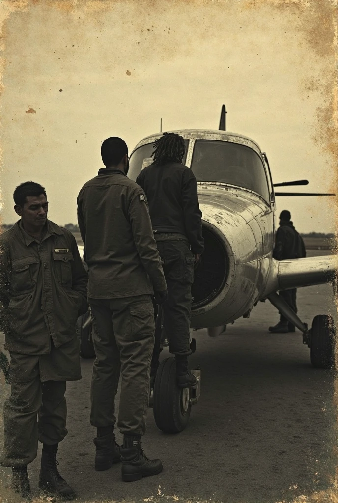 Foto pisando estilo militar com 11 homens , One of the men is fatter, is black, all with an average age of 35 , inspirado na 2 guerra mundial, In the background a twin-engine plane , fito preto e branco
