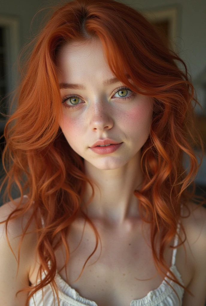 Pale girl with wavy orange hair, freckles, and green eyes