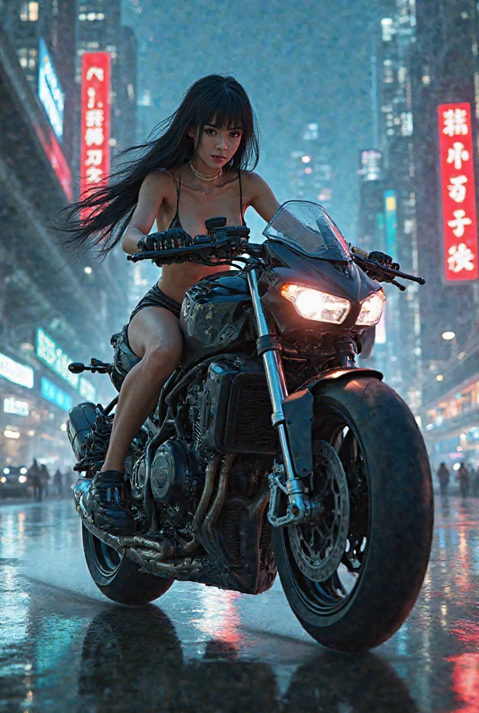 Beautiful woman in bikini riding motorcycle in puddle, rainbow splashes, huge water splashes, (Motion Blur Effect: 1.5), detailed and intricate skin, detailed eyes and lips, detailed wet hair, highly detailed, ultra-realistic, 8k, photorealistic, masterpiece, studio lighting, vibrant colors, dynamic motion blur, volumetric lighting, caustics, wet shiny surfaces, dramatic cinematic lighting, rainbow highlights