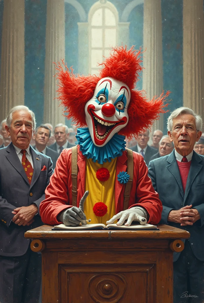 un juge avec une tête de clown dans un tribunal avec un marteau , réaliste