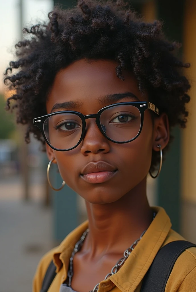 young teen black girl with a flat chest wearing a cute sundress, natural hair, wearing glasses, young girl, young teen, young, smirking, smirk, smug, cocky, outside, braces on teeth, hoop ear rings, choker, hyperrealistic, ultra-detailed, 8k, candid photo, award-winning photograph