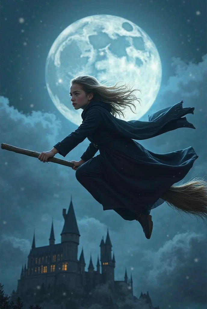 A masterpiece illustration of a young witch flying through the night sky on her broomstick. The details are ultra-detailed and best quality, capturing the girl's determination and skill as she rides through the wind, hair flowing behind her. She is dressed in a cape, hat, and boots, and the broomstick glows with magic energy. The moon and stars light up the night, and clouds whip past in the background. The scene is enchanting, whimsical, and playful, filled with adventurous freedom and wonder. It evokes images of imaginary worlds, folklore, and fairy tales, and represents the beauty and skill of the artist's imagination.