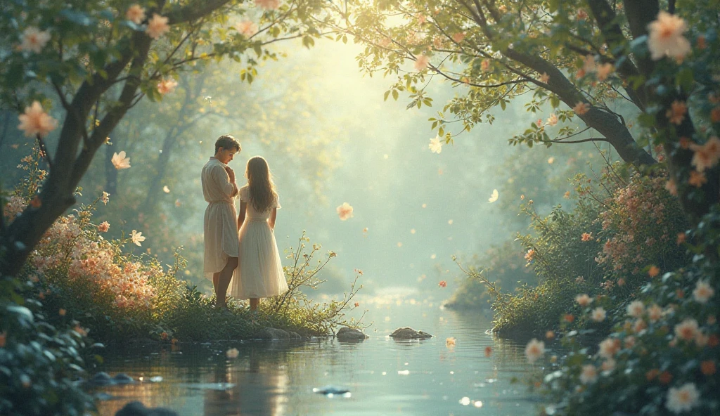 best quality,ultra-detailed,realistic,blue spring love,beautiful detailed eyes,beautiful detailed lips,soft sunlight filtering through the trees,rustling sound of leaves,gentle breeze caressing their faces,whispering of birdsong,delicate blooming flowers,serene and peaceful atmosphere,subtle color palette,artistic brushstrokes,portraits,vivid colors,sparkling water reflections,magical and dreamlike ambiance,lovers walking hand in hand,enjoying the beauty of nature,feeling the warmth of love,romantic and tender moments,unforgettable memories,unconditional love and happiness.