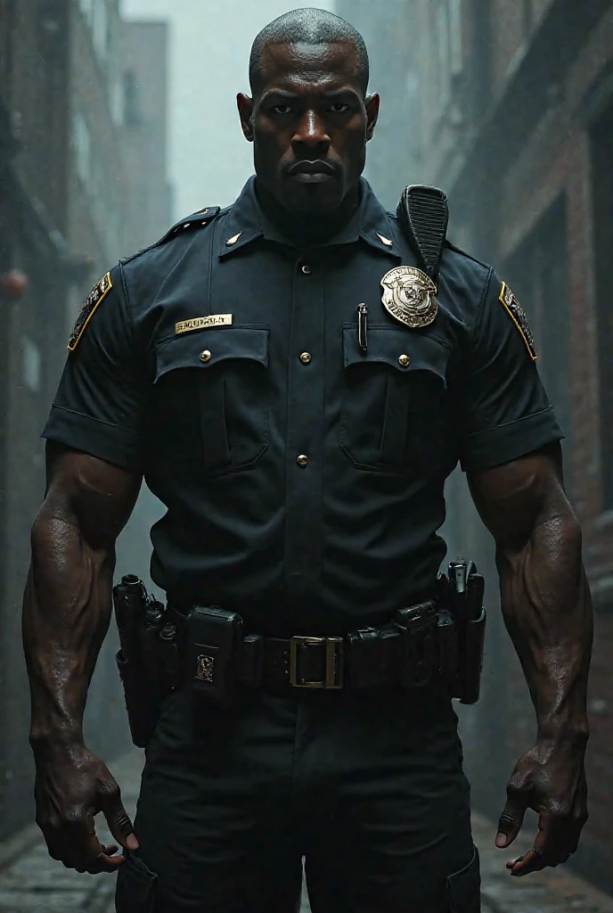 A strong, muscular black police officer in full uniform points a pistol at a man in a public restroom surrounded by other men.