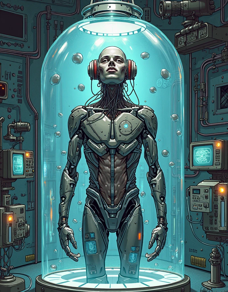 (Masterpiece 1.3, Highest quality, Highest Resolution, Official Art, Overwhelmingly beautiful: 1.2), Very detailed, colorful, (Very detailedな: 1.1), (Very detailedなCGイラスト), ((Very delicate and beautiful) ), Cinematic Light, Cultivation tank, Place the culture tank in the aquarium,(1 girl), alone, Long hair floating, (Underwater:1.2), bubble, (Mechanical bodysuit:1.3), anklet, Freediving, (whole body: 1.1), Mechanical joint, Tube blood vessels connected to the back, Countless cables,Metal body、Suspension jointuscles and metal mechanical vertebrae attached to the back, A mechanical neck attached to the neck, Expressionless, Wires and cables attached to the neck, Wires and cables in the head, bolt, pipe, (Character Focus:1.3), sf
