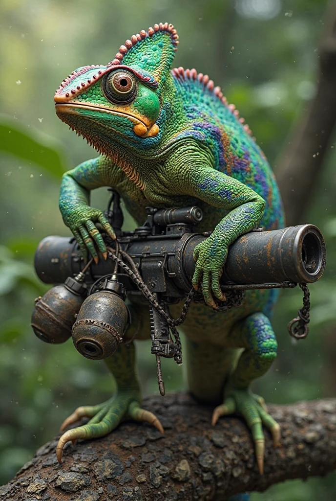 A color-changing lizard dressed in ninja attire, wearing a straw hat, wielding weapons, using leaves as camouflage, and anthropomorphized.