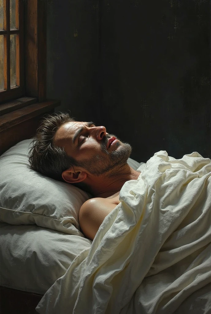 chiaroscuro technique on sensual illustration of an arafed man resting in white blanket, sexy masculine, model with attractive body, inspired by Ludovit Fulla, mid-shot of a hunky, the model draped in flowing, thick oil painting by Harumi Hironaka, extremely soft colors, vibrant, highly detailed, malcolm liepke painting, oil on canvas, high contrast, dramatic, refined, tonal, Create high contrast between light and shadow by Leon Polk Smith, memphis abstract minimal art, graphic shapes, minimal art, blue and red, minimal art style, bauhaus art, inspired by El Lissitzky, bold simple shapes, shadow