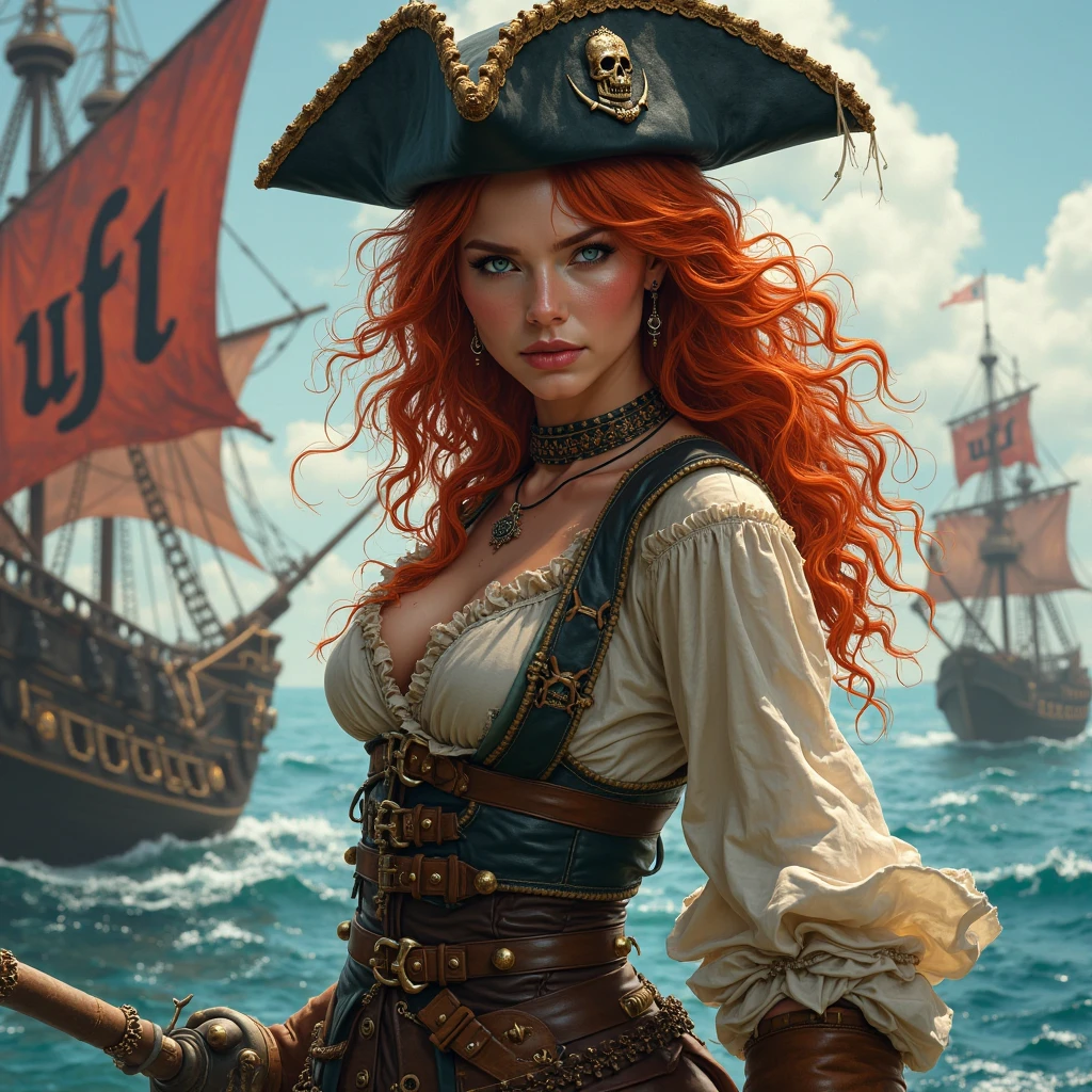 Create a breathtaking, ultra-high-definition image in 16K resolution that captures the adventurous and stylized essence of a pirate world realistic photo aesthetic. | Visualize a stunning female pirate with vibrant red hair cascading down her back, adorned with a traditional pirate hat featuring a feather. She has a fierce and determined expression, exuding both beauty and power. Her eyes are a captivating green, and she has a slight scar on her cheek, adding to her rugged charm. She is dressed in a classic pirate outfit with a modern twist: a flowing white blouse, a leather corset, a wide belt with a large buckle, and tall boots. Her attire should blend traditional pirate elements with subtle contemporary accents.| The scene is set on a pirate war battleground with a chaotic mix of ships, cannons, and smoke. The sky is filled with dark storm clouds and flashes of lightning, adding a dramatic and intense atmosphere. The sea is rough, with waves crashing against the ships. Debris and remnants of battle are scattered around, enhancing the wild and untamed setting.| Capture the pirate in a victorious pose, with one hand lifting a tattered pirate flag high above her head and the other hand clenched into a fist. Her posture should convey triumph and strength, with her body turned slightly to showcase her dynamic pose. The camera angle should emphasize her full body, highlighting the details of her outfit and her confident, fierce expression. | Ensure anatomical correctness, with a focus on ultra-detailed textures and high-quality rendering, capturing every nuance of the pirate's appearance and her intense surroundings. This masterpiece should embody the spirit of adventure and resilience, immersing viewers in its lifelike depiction. | Keywords: (beautiful red-haired pirate:1.3), ((realistic photo)), ((fierce expression):1.2), ((pirate war battleground)), ((victorious pose)).