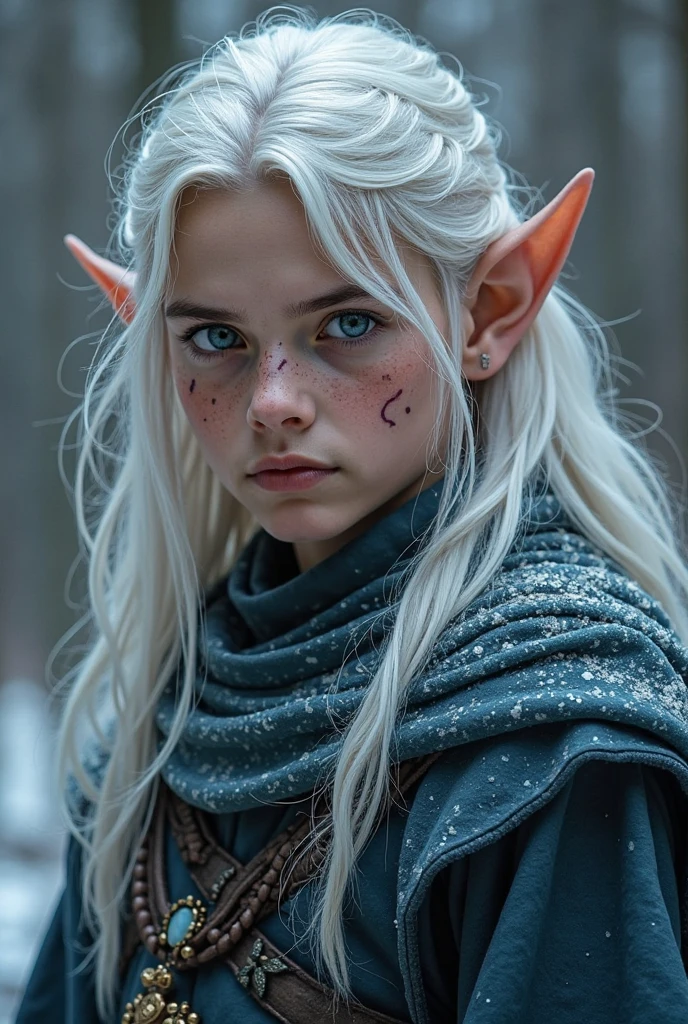 A female halfling whose braided hair is white and black. She is wearing dark leather armor with a black cloak. Her eyes are brown. There is a little dirt on her cheek and forehead. She is middle aged. Her ears are small and rounded. There is a broach on her cloak with a harp symbol in the middle. She holds a small dagger in one hand. A bow is on her back.