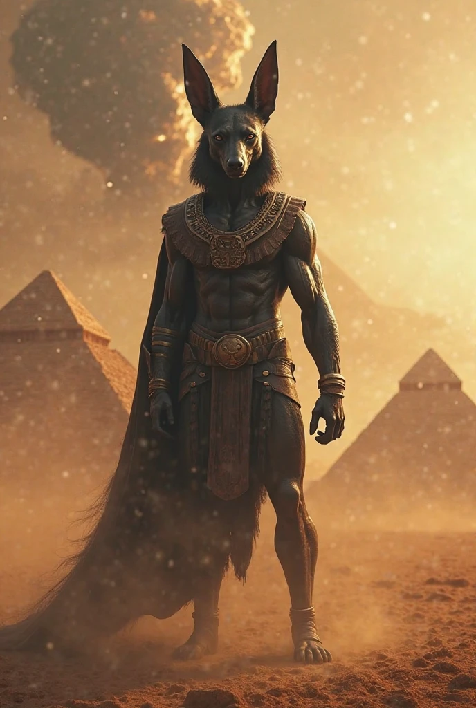 Anubis stands strong with the pyramids of Egypt in the background