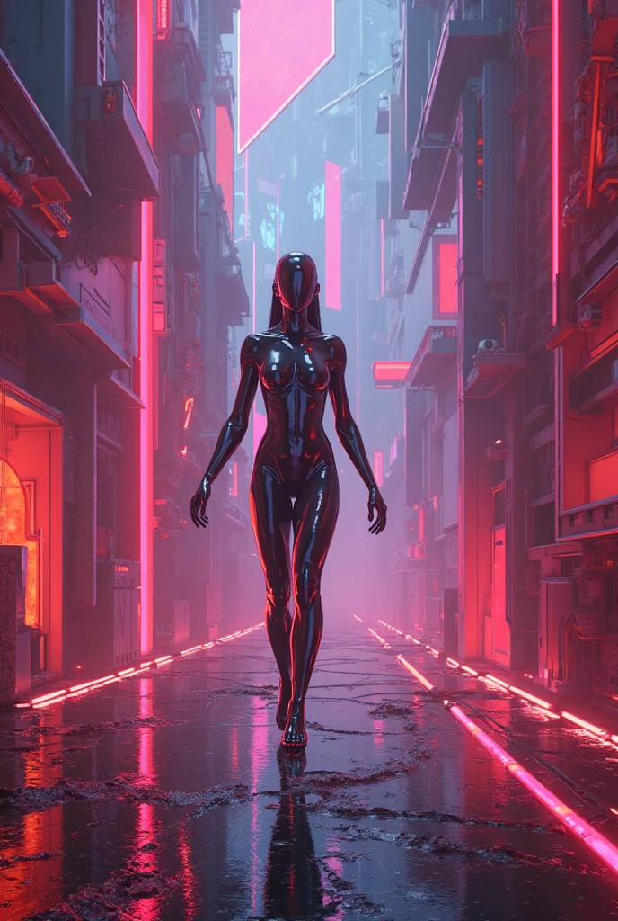 a woman in a white dress walking down a hall with red lights on the walls and a mirror behind her, Eve Ryder, unreal engine 5 rendered, concept art, retrofuturism, 1girl, black_hair, thighhighs , cyberpunk , 2077_Style